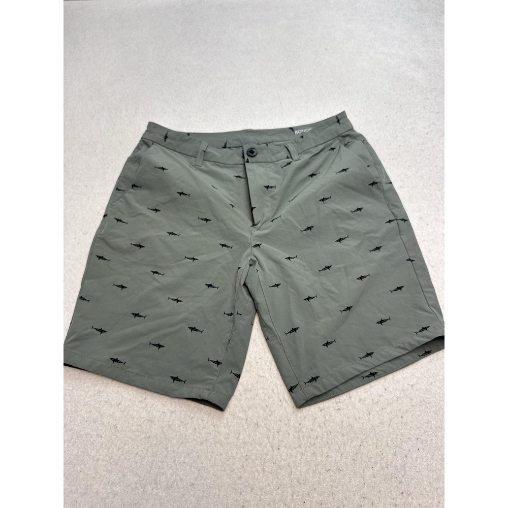 Bonobos Shorts Mens 33 Green Shark Print Chino 9 Inseam Stretch Casual Summer
